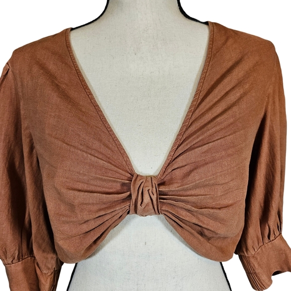 Young Fabulous&Broke Linen Blend Cropped Knot Front Miranda Top, Orange, Small - Picture 2 of 15